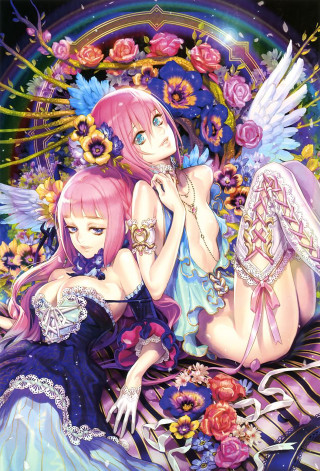 Anime girls bed flowers butterfly - free cyberpunk wallpaper