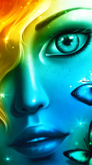 Woman butterflies face eyes artistic - the sky above her free wallpaper for mobile