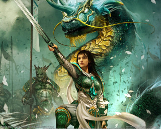 Woman sword dragon shoulder battle - free fantasy wallpaper