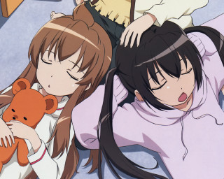 Two girls bed teddy bear - their other hand free wallpaper