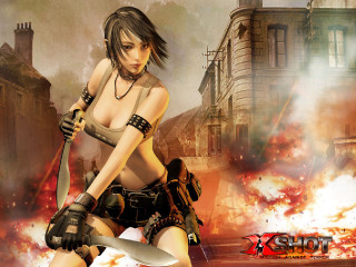 Woman bikini knife fire buildings - a knife in front free wallpaper