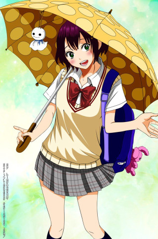 Girl backpack umbrella green background - a skull free wallpaper