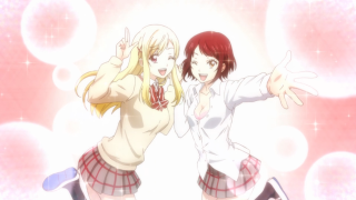 Anime girls pink background bubbles - a picture together in front free wallpaper