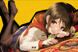 Woman laying bed scissors yellow - a yellow background behind her free wallpaper