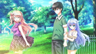 Anime couple park trees grass - a couple of anime characters free wallpaper