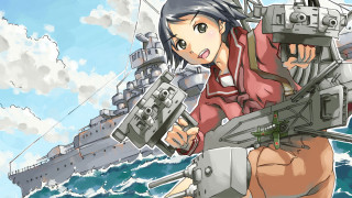 Woman red jacket gun battleship - cloud and water free wallpaper