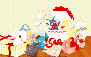 Cartoon animals presents table bow - a bow free wallpaper