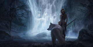 Woman white wolf forest waterfall - a waterfall free wallpaper