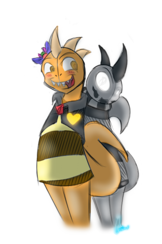 Cartoon character hugging cat demon - half robot free wallpaper