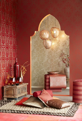 Red wall mirror rug table - two lamp free wallpaper
