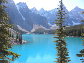 Lake mountains trees blue water 4 - mountain and trees free wallpaper