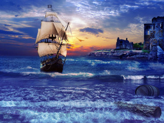 Ship castle sunset bird ocean - matte fantasy painting free wallpaper