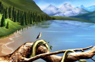 Lizard branch lake mountains bird - ecological art free wallpaper