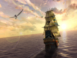 Bird flying ship ocean sunset - fletcher martin free wallpaper