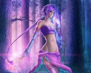 Woman purple outfit sword forest - a purple light behind her free wallpaper