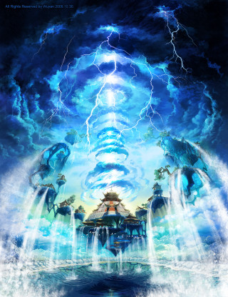 Waterfall thunderstorm building painting dramatic - free sci-fi wallpaper for mobile