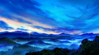 Mountain range sunset clouds painting - a painting of a mountain range free wallpaper