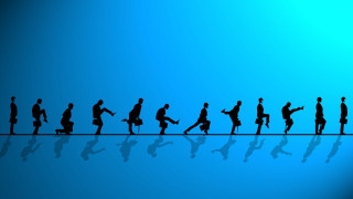 People walking blue surface water - a reflection of them free wallpaper