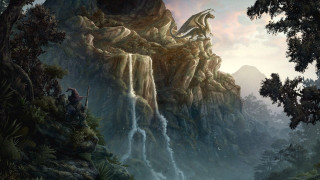 Waterfall dragon man horse painting - a painting of a waterfall free wallpaper