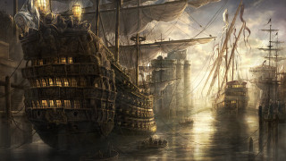 Ship harbor city background painting 2 - other ship free wallpaper