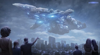 Futuristic flying object city night - free sci-fi wallpaper