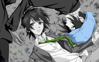 Anime couple green eyes black 3 - the other holding free wallpaper