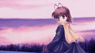 Woman blue dress snow trees - a pink sky in the background free wallpaper