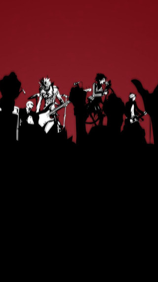 Silhouette musicians red background black - against free wallpaper for mobile