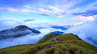 Mountain trail clouds blue sky - a trail free wallpaper for desktop
