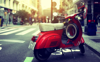 Red scooter parked street traffic - vintage free wallpaper