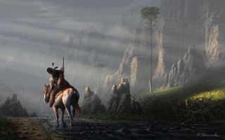 Men horses mountains stream trees - mountainous free wallpaper