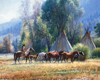 Native american village horses teepee - an oil painting free wallpaper for desktop