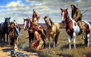 Native american horses field man - an oil painting free wallpaper