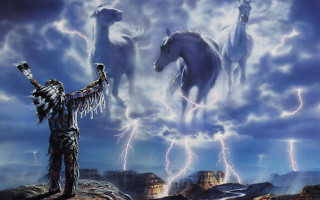 Man rock horses lightning sky 2 - two horse free wallpaper