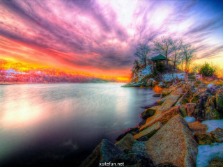 Colorful sunset lake rocks trees - a small house free wallpaper