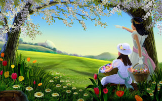 Girls picking flowers basket field 7 - two girl free wallpaper