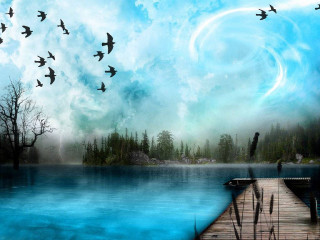 Dock birds flying lake painting - a dock in the foreground free wallpaper