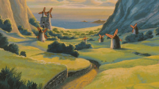 Landscape windmills road mountain range - a painting of a landscape free wallpaper