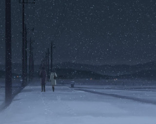 Snowy street night couple neo - a couple walking free wallpaper