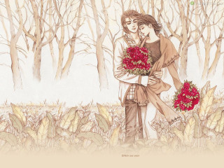 Couple hugging woods flowers bouquet 2 - red rose free wallpaper for desktop