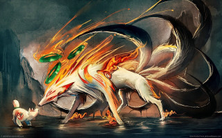 Dragon attack dog lake flames - a painting of a dragon free wallpaper