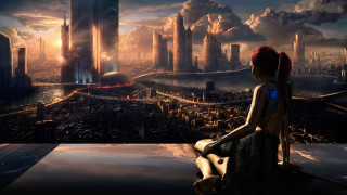 Woman sitting ledge city skyline - dystopian art free wallpaper