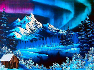 Cabin woods aurora borealis mountains - a painting of a cabin free wallpaper