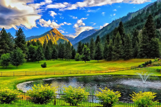 Beautiful mountain pond fenced area - free summer wallpaper for desktop