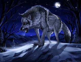 Wolf snow night fullmoon trees - a wolf free wallpaper for desktop
