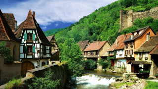 River village mountains trees bridge - a village free wallpaper for desktop