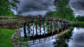 Wooden bridge river cloudy sky - a stone wall free wallpaper for desktop
