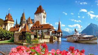 Boat castle flowers mountain range - florence engelbach free wallpaper