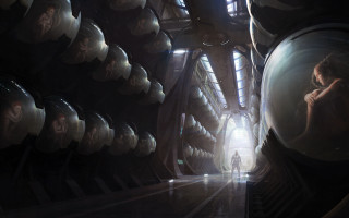 Woman large room lights ceiling - free sci-fi wallpaper