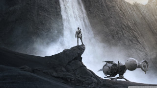 Man rock waterfall megaphone helicopter - cliff childs free wallpaper